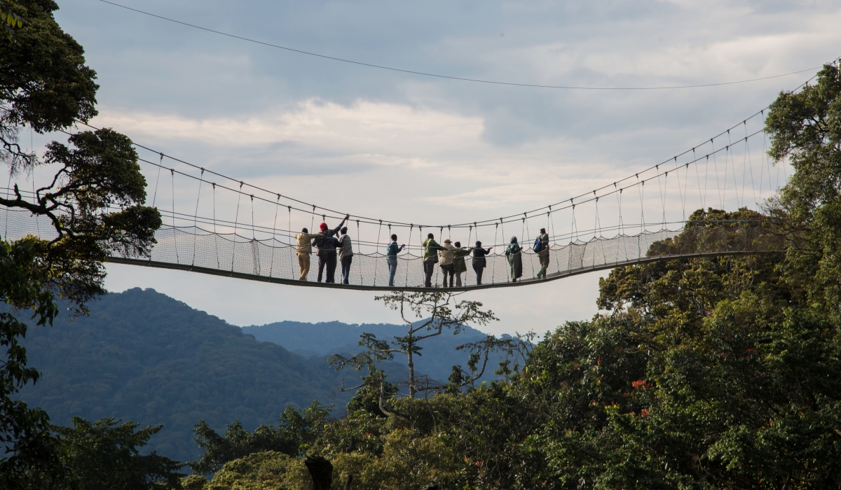 Visitors explore a landscape view Nyungwe Forest National Park through the canopy walkway. According to the park officials, a Zipline will be available in Nyungwe National Park next year. Sam Ngendahimana