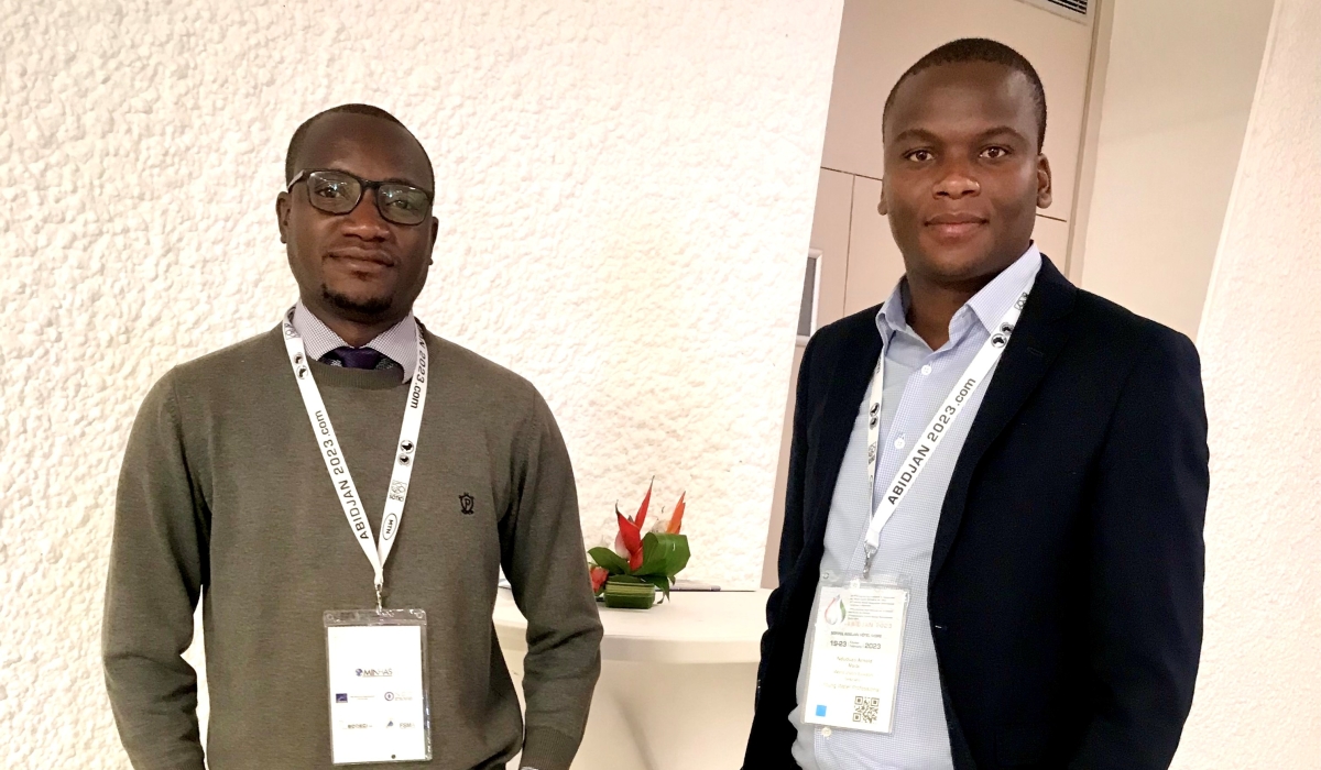 (L-R) Claydon Mumba Kanyunge, an AfWaSA member in Zambia, and Arnold Nduduzo Msibi, a young water professional in Swaziland posing for a photo during the African Water Association International Congres