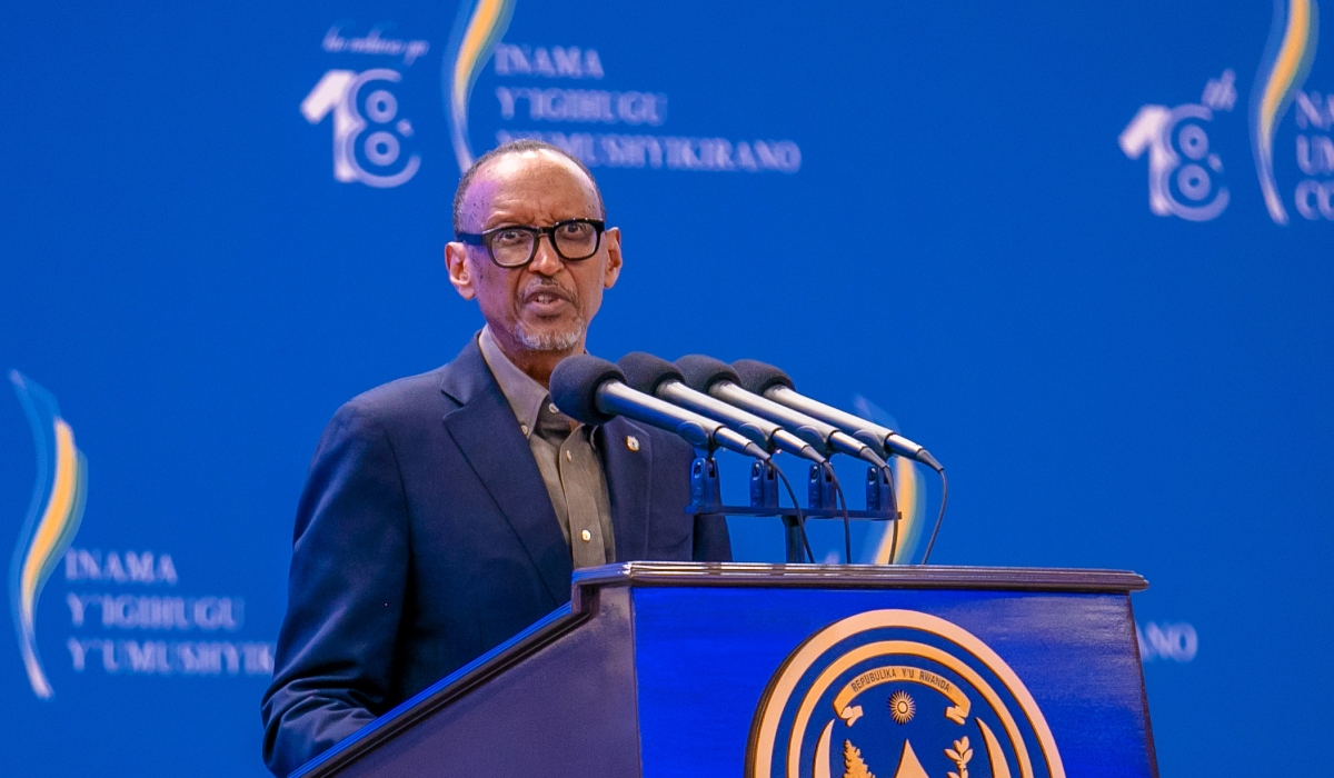 President Paul Kagame delivers his remarks while officially closing the two-day 18th National Dialogue Council in Kigali, on February 28. Photo by Olivier Mugwiza