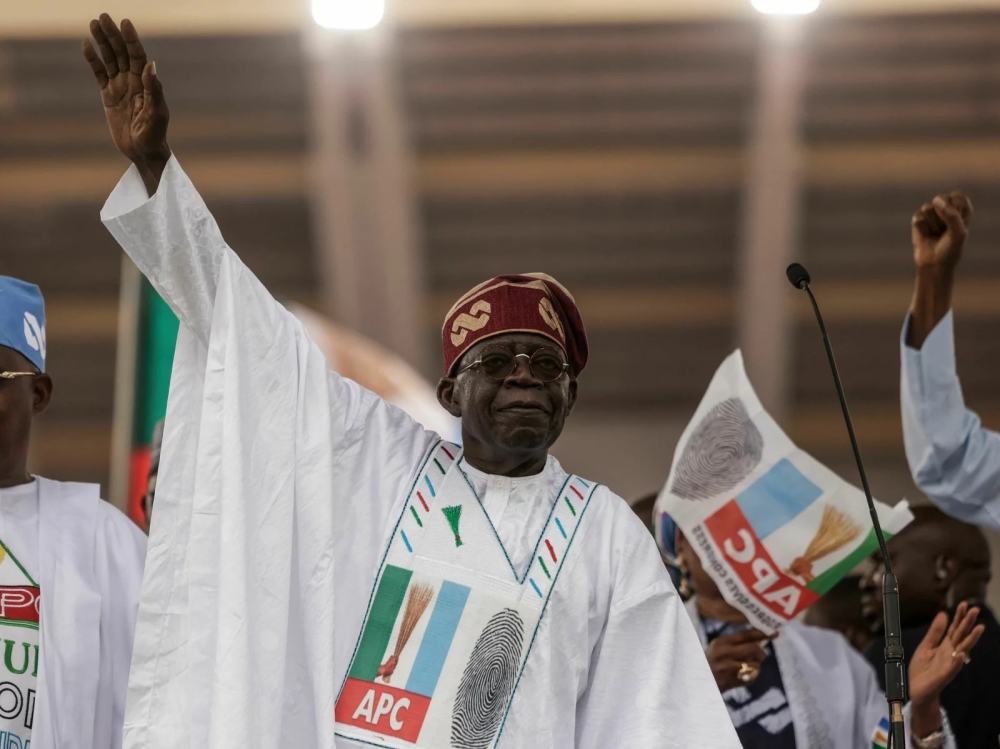 Bola Tinubu gestures toward the crowd during a campaign rally in Lagos. He has been declared the winner of Nigeria&#039;s presidential elections. Michele Spatari/AFP via Getty Images