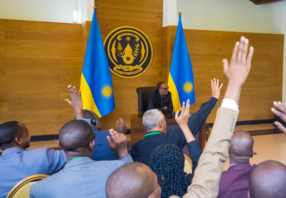 Reporters during a press conference as President Kagame addresses them at Village Urugwiro on March 1. Courtesy 