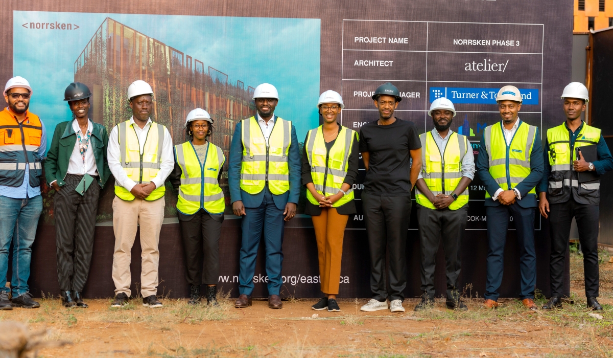 Officials and engineers pose for a group photo during the launch. The design and construction will be done by Rwandan firms Atelier and HYGEBAT, respectively. The construction will last for 12 months.