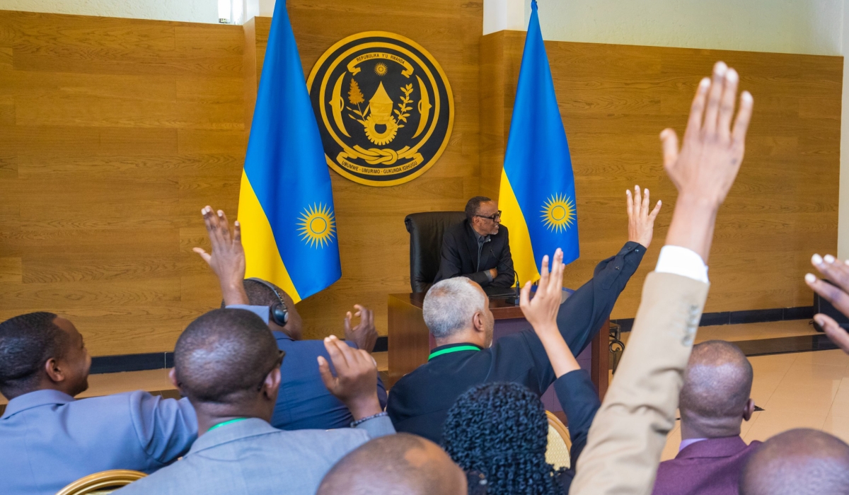 Reporters during a press conference as President Kagame addresses them at Village Urugwiro on March 1. Courtesy 