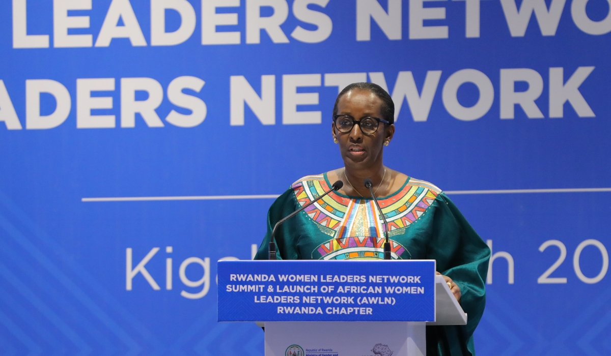 First Lady Jeannette Kagame delivers remarks during the launch of African Women Leaders Network (AWLN) Rwanda Chapter at Intare Conference Arena on March 1. Photos by Craish Bahizi