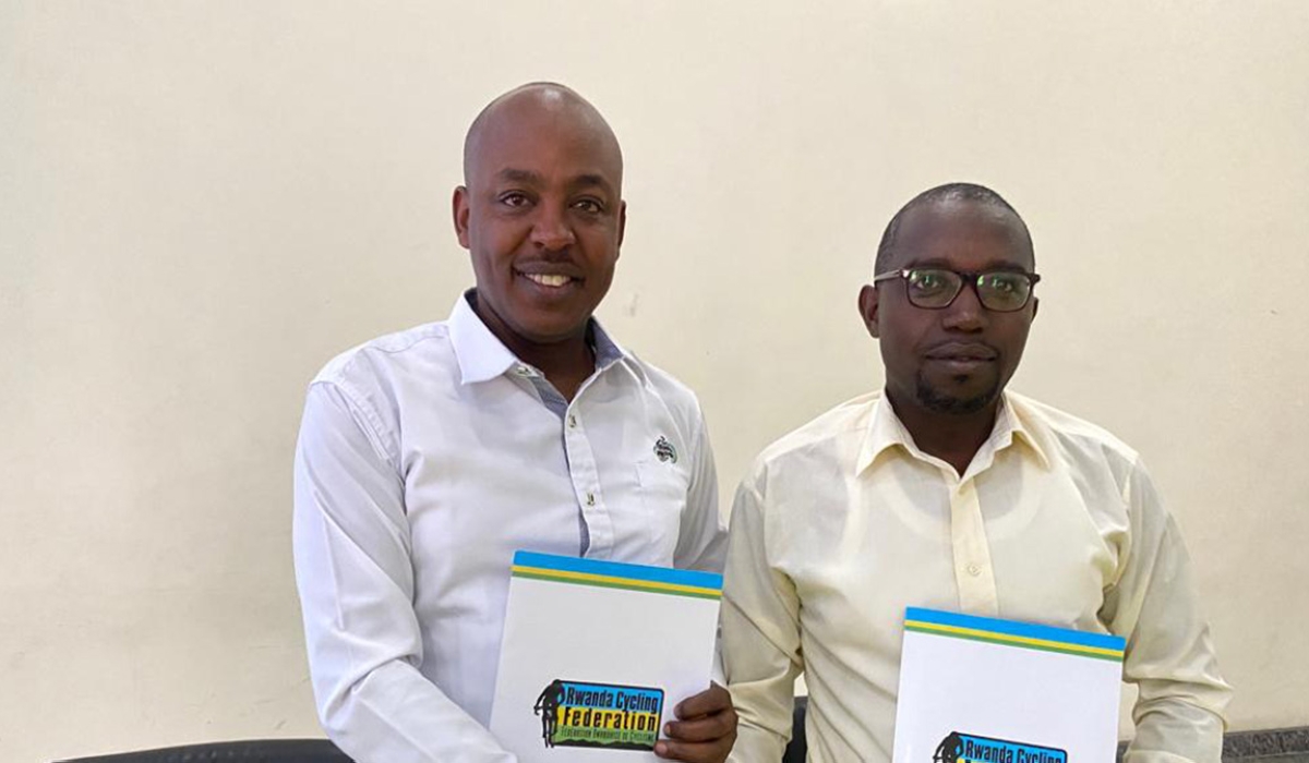 FERWACY President Abdallah Murenzi and Rubavu Mayor Ildephonse after signing the MoU for organizing Kivu Belt Race that will be officially inaugurated by the end of March 2023. Courtesy
