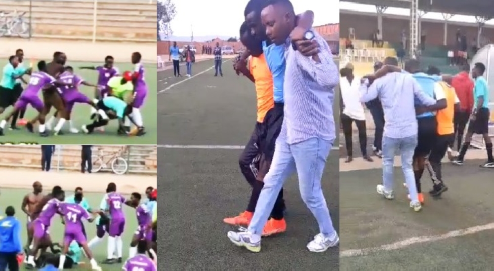 A screenshot of the incident where two La Jeunesse players are assaulting referee Toni Karemera after club’s  1-0 Second Division League defeat to AS Muhanga on Friday, March 3, at Muhanga stadium. Courtesy