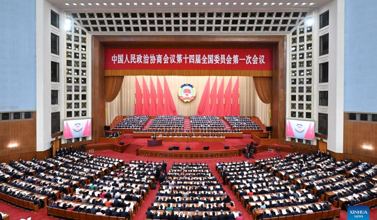The opening meeting of the first session of the 14th National Committee of the Chinese People&#039;s Political Consultative Conference (CPPCC) is held at the Great Hall of the People in Beijing, the capital of China, March 4, 2023. (Xinhua/Zhai Jianlan)
