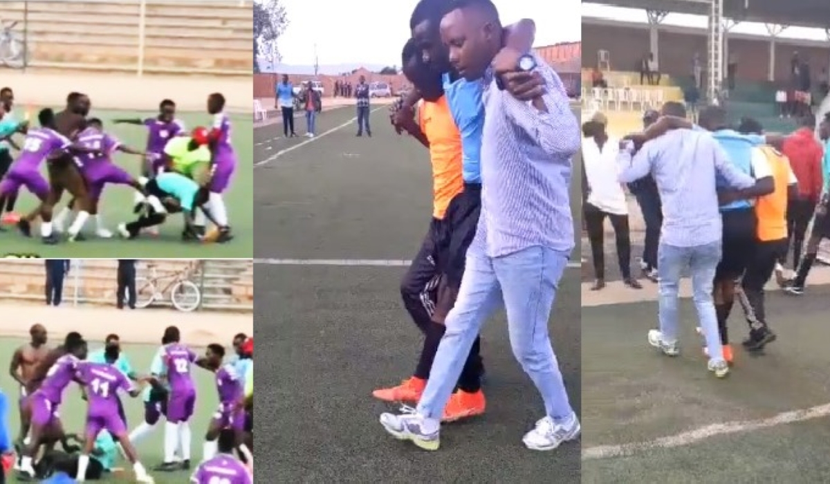 A screenshot of the incident where two La Jeunesse players are assaulting referee Toni Karemera after club’s  1-0 Second Division League defeat to AS Muhanga on Friday, March 3, at Muhanga stadium. Courtesy