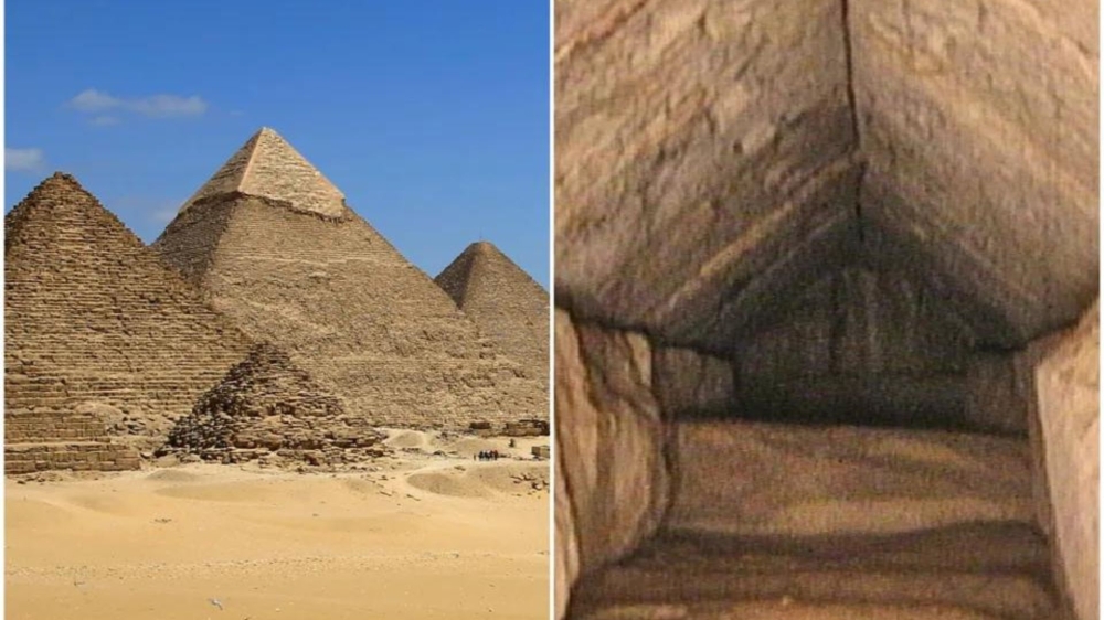 A hidden corridor (right) inside the Great Pyramid of Giza (left) was discovered and mapped by researchers from the Scan Pyramids project. (AP Photo)
