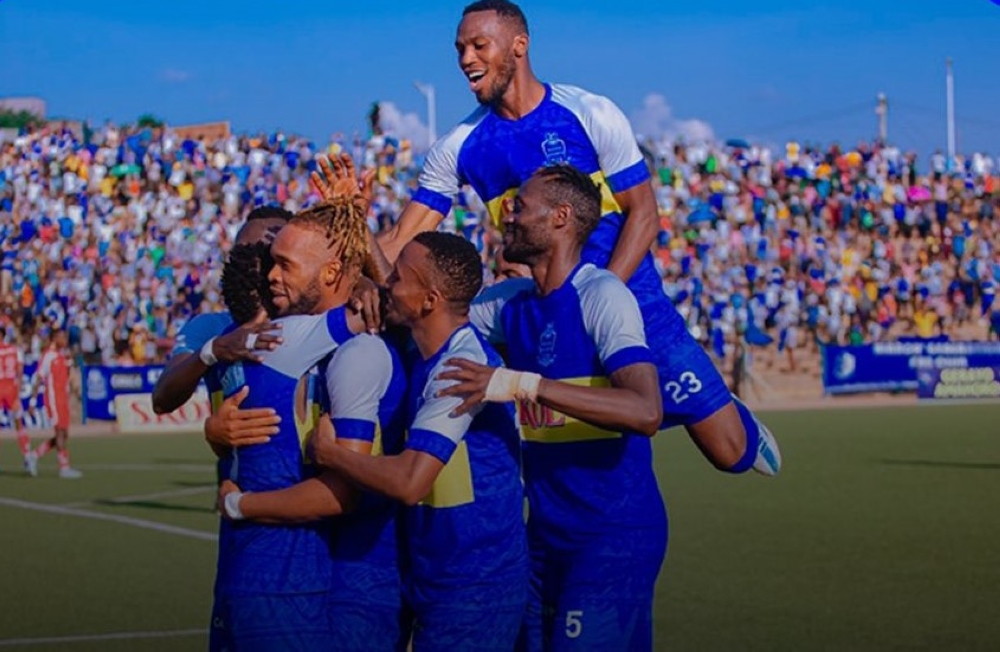 Rayon Sports players celebrate a 2-0 victory over Etincelles FC at Muhanga Stadium on Sunday, March 5. Courtesy