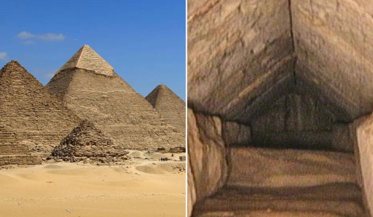 A hidden corridor (right) inside the Great Pyramid of Giza (left) was discovered and mapped by researchers from the Scan Pyramids project. (AP Photo)
