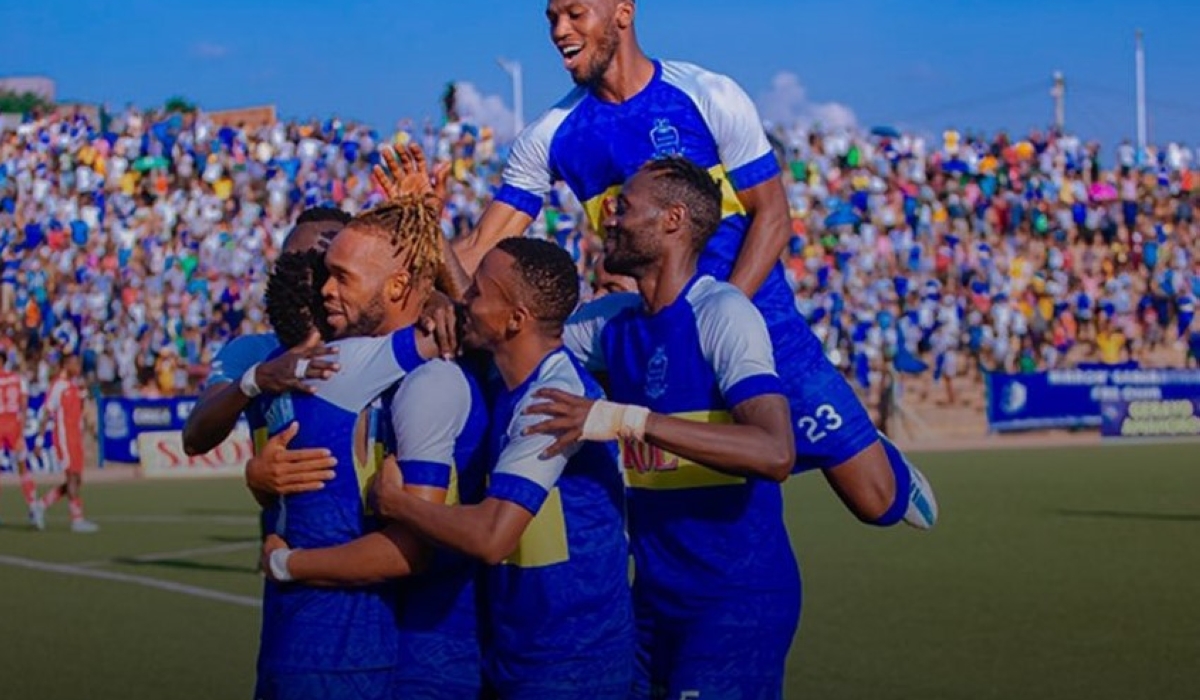 Rayon Sports players celebrate a 2-0 victory over Etincelles FC at Muhanga Stadium on Sunday, March 5. Courtesy