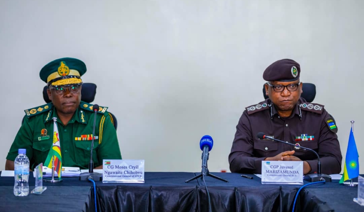 Juvenal Marizamunda, the Commissioner General of Rwanda Correctional Services and Zimbabwe&#039;s Commissioner General Moses Cyril Ngawaite Chihobvu during a meeting on March 6. Courtesy