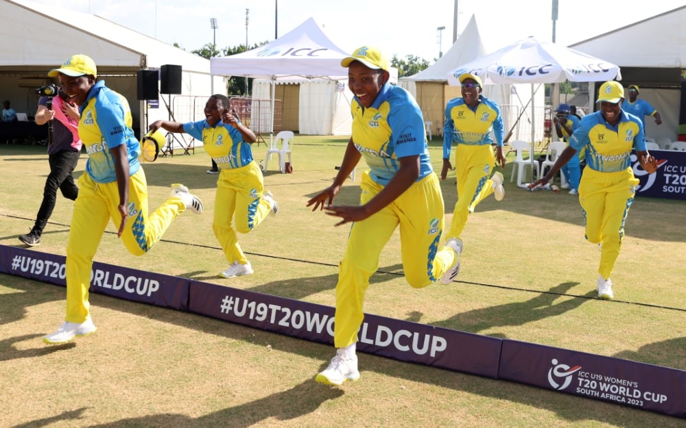 Rwanda Women U19 Cricket Team players celebrate the crucial win after beating West Indies at the
Under-19 T20 World Cup in South Africa on January 22. Photo: Courtesy.