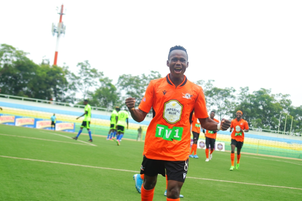 Gasogi United&#039;s striker Malipangou Theodor Yawanendji Christian celebrates his goal during a past game ata Kigali stadium.