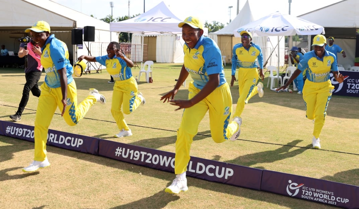 Rwanda Women U19 Cricket Team players celebrate the crucial win after beating West Indies at the
Under-19 T20 World Cup in South Africa on January 22. Photo: Courtesy.