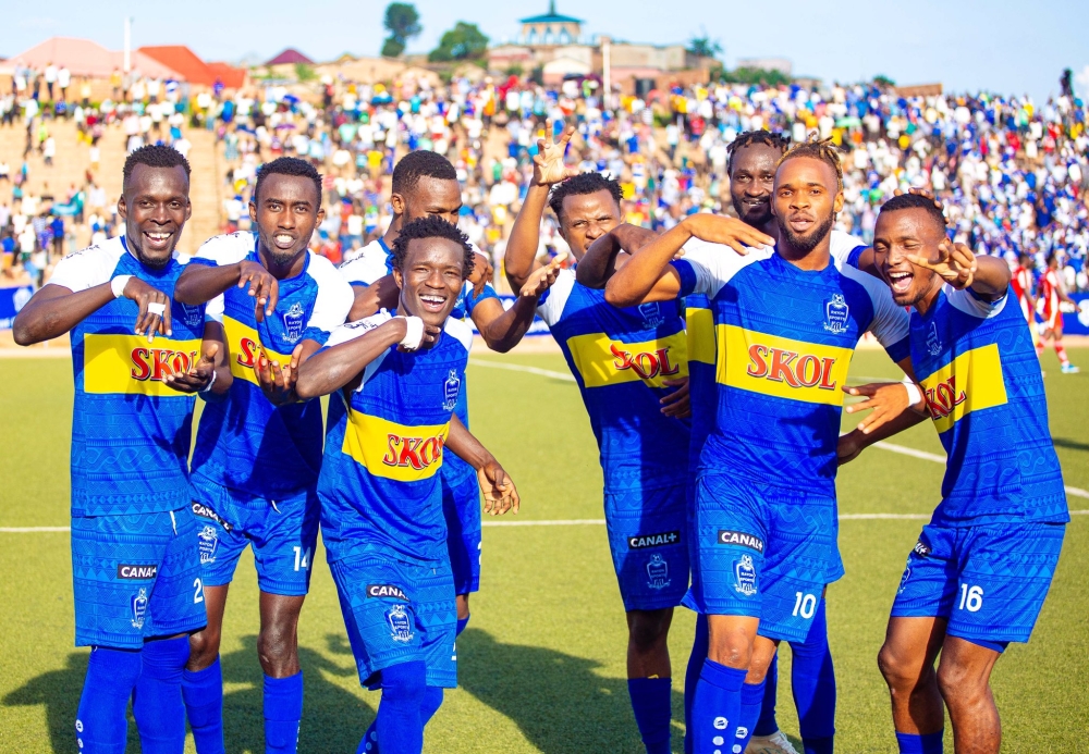 Rayon Sports players in celebration of the win at Muhanga stadium.  Ben Moussa&#039;s APR lead the table with 46 points, closely followed by Francis Christian Haringingo&#039;s Rayon Sports with 45 points. Courtesy