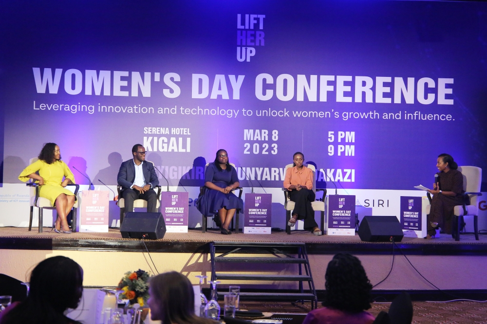 A panel discussion  during the launch of ‘Lift Her Up’ program, in Kigali on Wednesday, March 8. The new program aimed at creating awareness and inspiring confidence in women to leverage technology through various innovations, All Photos by Craish Bahizi