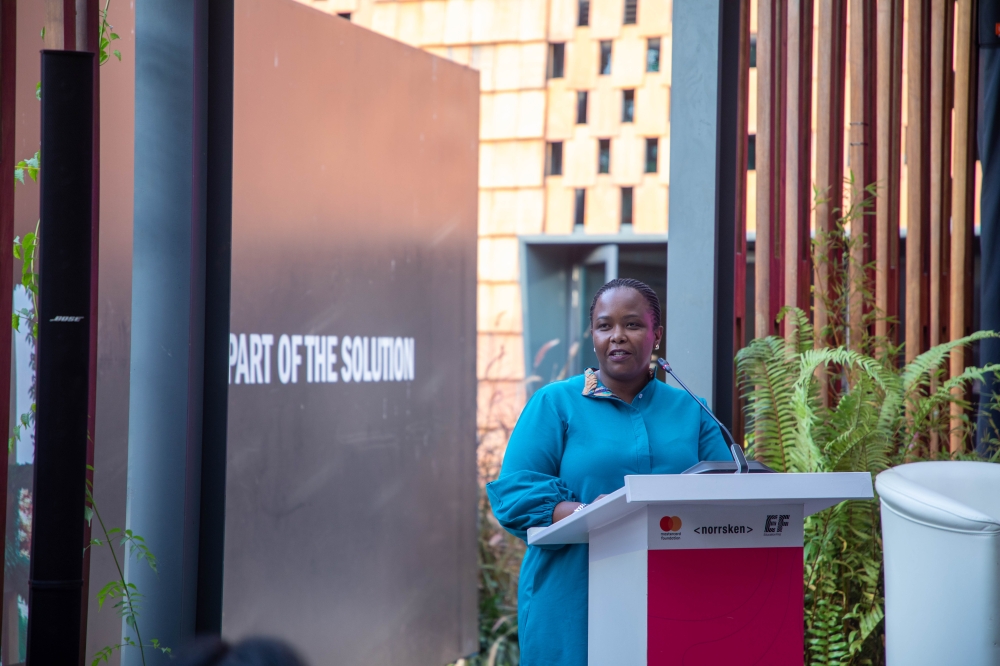 Clare Akamanzi, CEO of Rwanda Development Board speaks at an event organised by the Mastercard Foundation, EF Education First, and Norrsken on Women&#039;s Day. Photos by Dan Gatsinzi