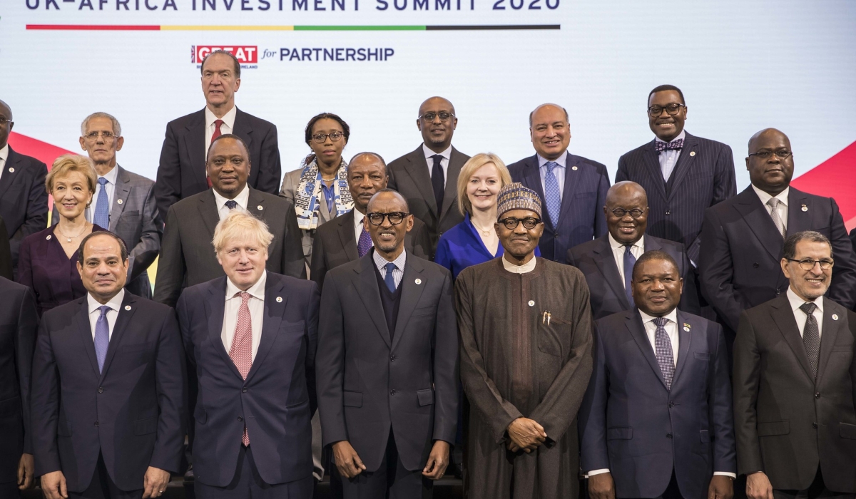 President Kagame with other African leaders at UK-Africa Investiment Summit in January 2020. The next summit will bring together Heads of State and Government from 24 African countries with British and African business leaders.