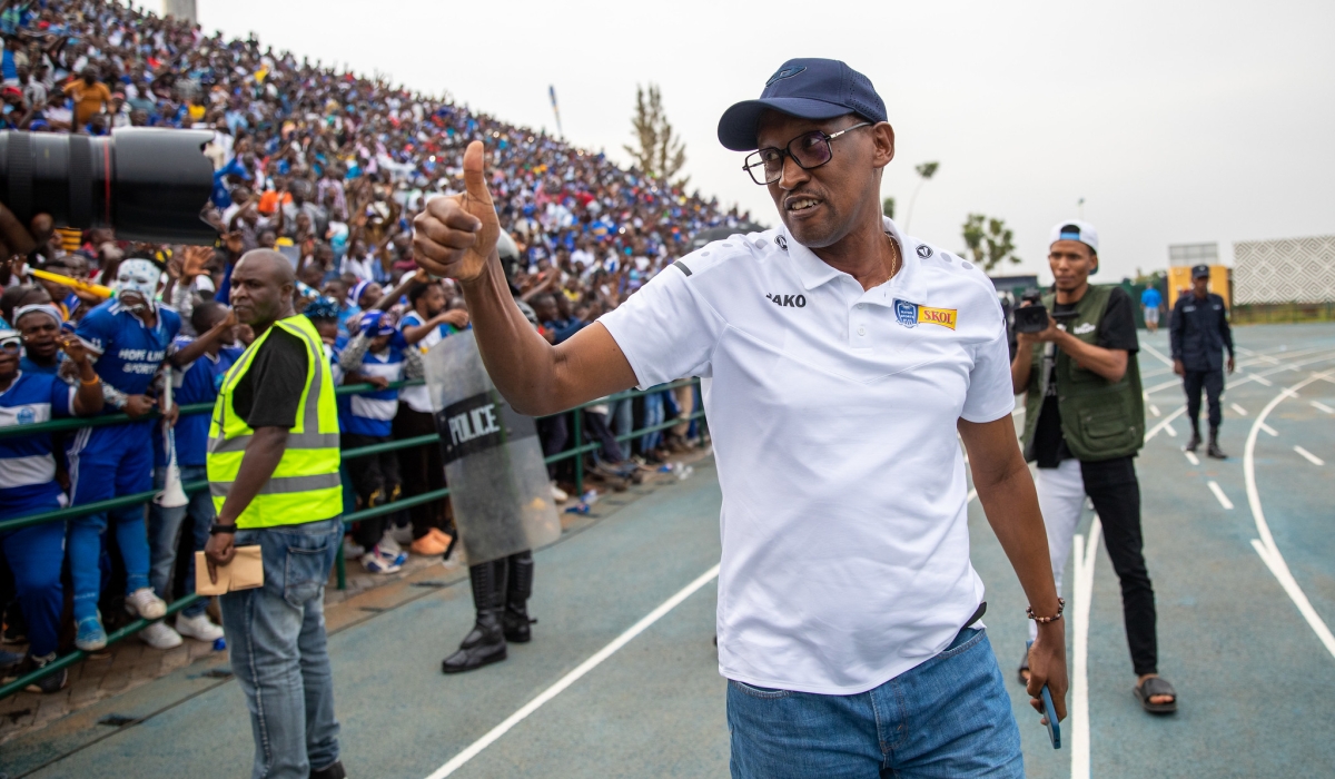 Rayon Sports president Uwayezu cheers on players after beating APR FC 1-0 at Huye stadium last month. The Blues have announced that they will continue to compete in Peace Cup competition just 48hours after withdrawing from the tournament. Photo by Olivier Mugwiza