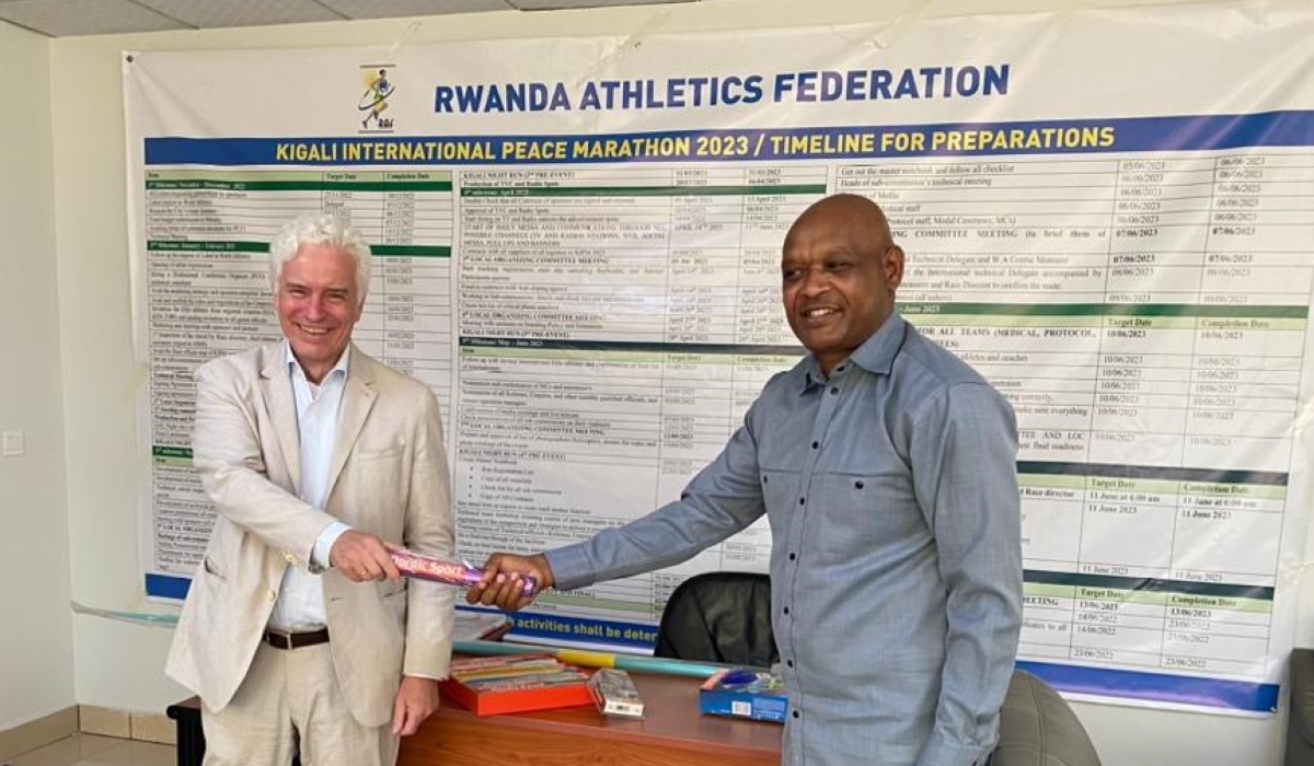 RAF President, Lemuel Kayumba and German envoy to Rwanda Amb. Dr Thomas Kurz during the hand over in Kigali on March 10. Courtesy