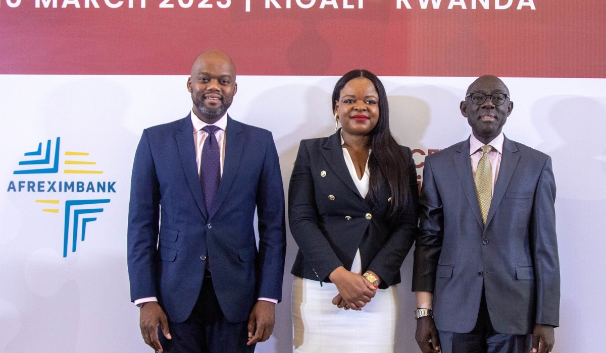 Wamkele Mene, Secretary General of AfCFTA Secretariat, Marlene Ngoyi, CEO of Fonds pour le développement des exportations en Afrique (FEDA), Denis Karera, EABC Vice Chairperson pose for a photo after the signing ceremony of  the $10 billion Adjustment Fund aimed at supporting all initiatives geared towards the implementation of the AfCFTA on March 10. Photo by Dan Gatsinzi