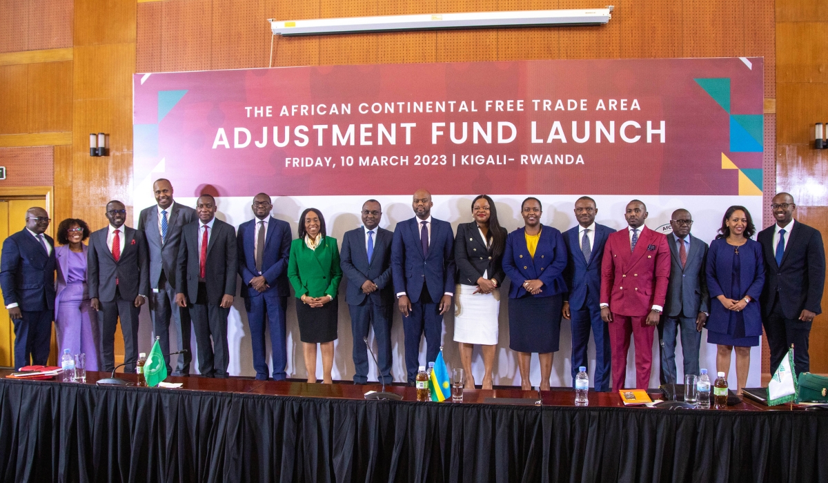 Delegates pose for a photo after the signing ceremony of the $10 billion Adjustment Fund aimed at supporting all initiatives geared towards the implementation of the AfCFTA on March 10. Photo by Dan Gatsinzi
