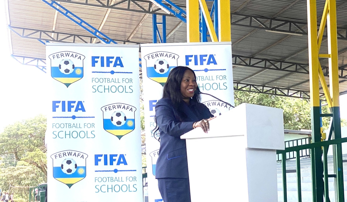 FIFA Secretary General, Fatma Samoura delivers remarks during the launch of FIFA Football for Schools program on Tuesday, March 14, in Kigali. Courtesy
