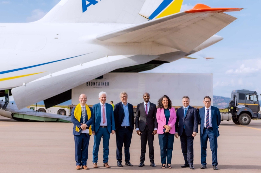 Officials pose for a group photo as Rwanda welcomed Africa’s first mRNA vaccine factory at Kigali International Airport on Monday, March 13. Photo by Olivier Mugwiza