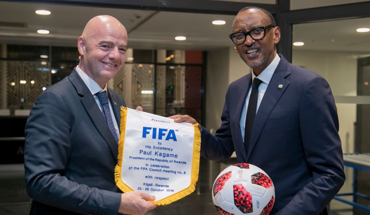 President Paul Kagame and FIFA President Gianni Infantino in 2018.The FIFA Congress is meeting in Kigali from March 13 to 17. Photo by Village Urugwiro
