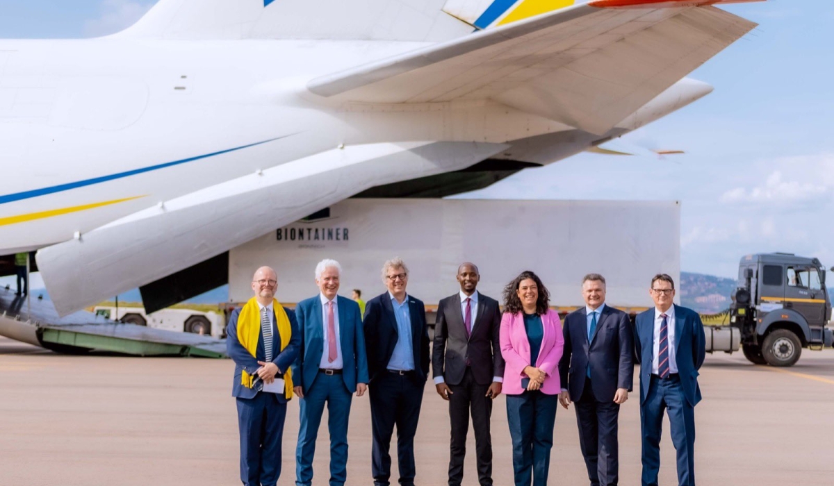 Officials pose for a group photo as Rwanda welcomed Africa’s first mRNA vaccine factory at Kigali International Airport on Monday, March 13. Photo by Olivier Mugwiza