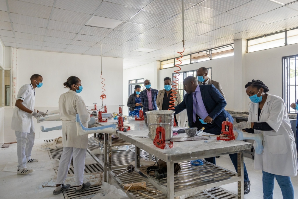 Minister of Health, Dr Sabin Nsanzimana flanked by UR officials tour the newly inaugurated physiotherapy and occupational therapy laboratory in Kigali on March 15. Courtesy