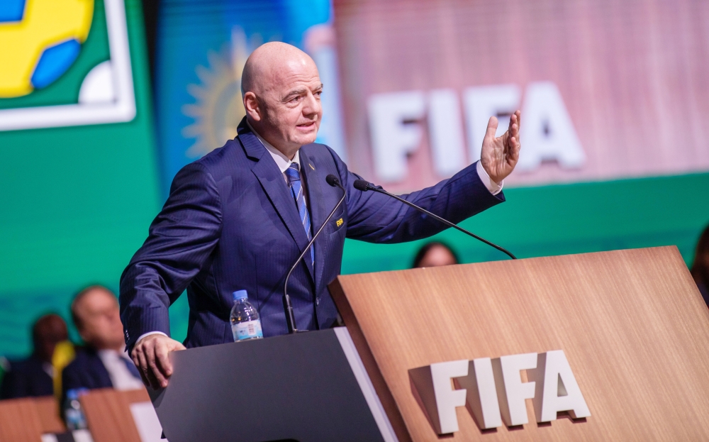 FIFA President Gianni Infantino delivers remarks after his re-election during FIFA Congress in Kigali on Thursday, March 16.  Photo by Olivier Mugwiza