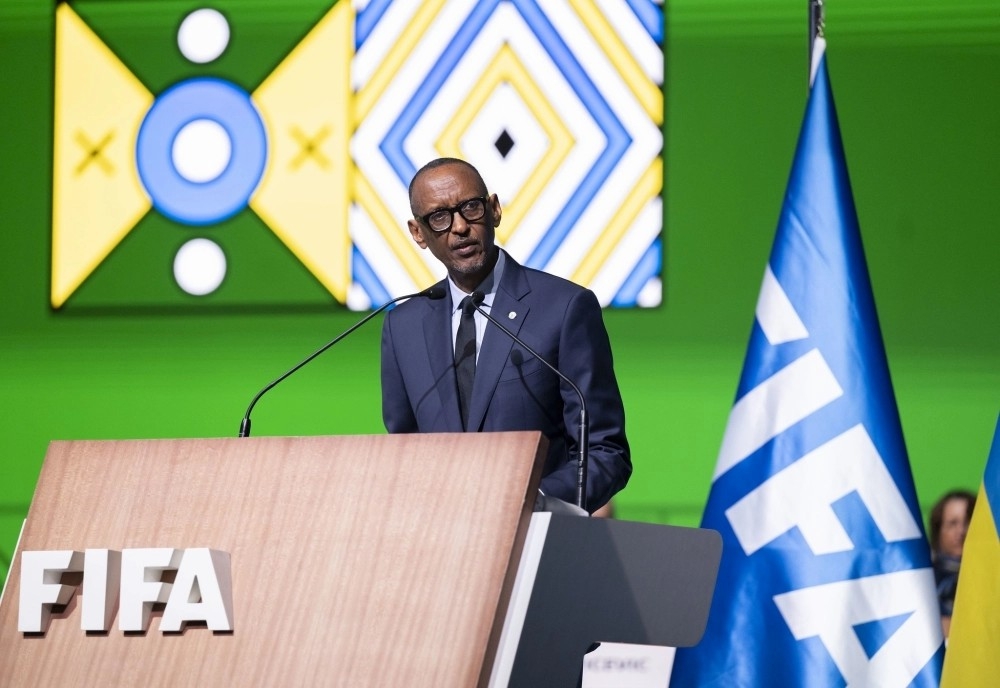 President Kagame delivering his remarks at the Congress. He called for an end of bad politics in governing global soccer. Photo by Village Urugwiro