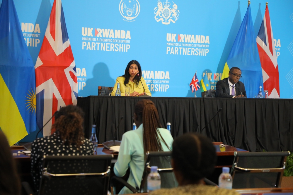 The United Kingdom’s Home Secretary, Suella Braverman and Rwanda’s Minister of Foreign Affairs, Dr Vincent Biruta address journalists after signing the agreement  in Kigali on Saturday, March 18. Photos by Craish Bahizi