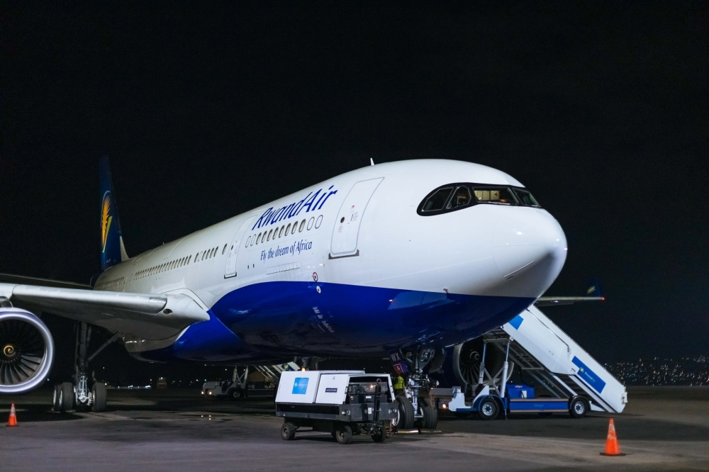 RwandAir’s newly acquired airbus A330-200 landing at Kigali International Airport. Typically carrying between 210 and 250 passengers in its 222-inch-wide twin-aisle fuselage, the A330-200 can be configured with as many as 406 seats in higher-density layouts. Courtesy