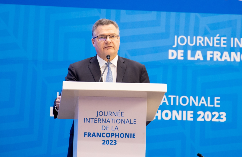 Amb. Antoine Anfré, the French envoy to Rwanda, delivers his remarks at the event in Kigali earlier Monday. 