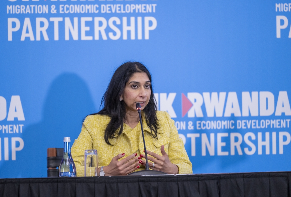 The United Kingdom Home Secretary Suella Braverman addresses journalists during a joint media briefing with Minister of Foreign Affairs Dr Vincent Biruta in Kigali, on Saturday, March 18. Photo by Craish Bahizi