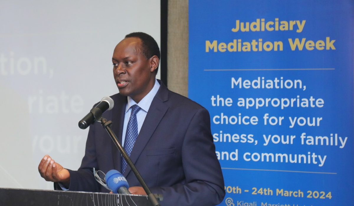 Chief Justice Faustin Ntezilyayo delivers remarks during the launch of Judiciary Mediation Week in Kigali on Monday , March 20.The government is currently encouraging the use of alternative dispute resolution (ADR) measures instead of handling every conflict through litigation to improve the dispensation of justice in Rwanda. Courtesy.
