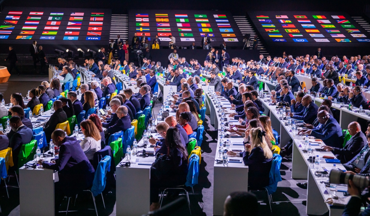 Delegates follow FIFA President Gianni Infantino&#039;s speech after the re-election in Kigali. Photo by Olivier Mugwiza