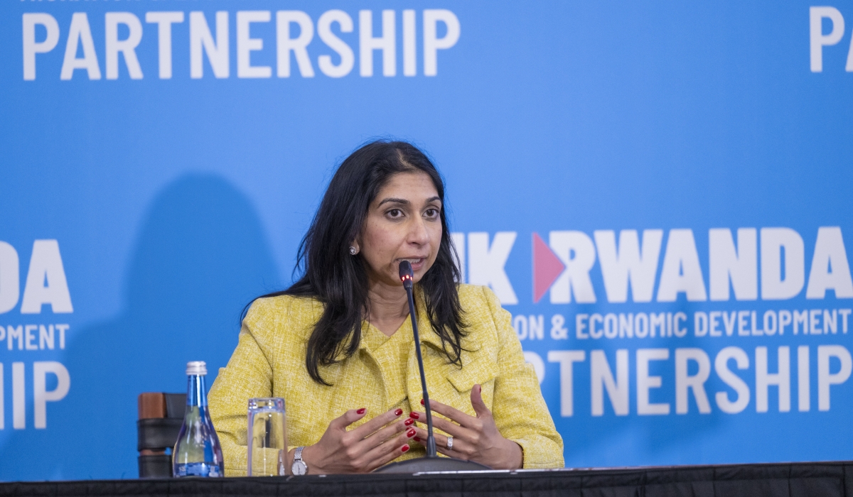 The United Kingdom Home Secretary Suella Braverman addresses journalists during a joint media briefing with Minister of Foreign Affairs Dr Vincent Biruta in Kigali, on Saturday, March 18. Photo by Craish Bahizi