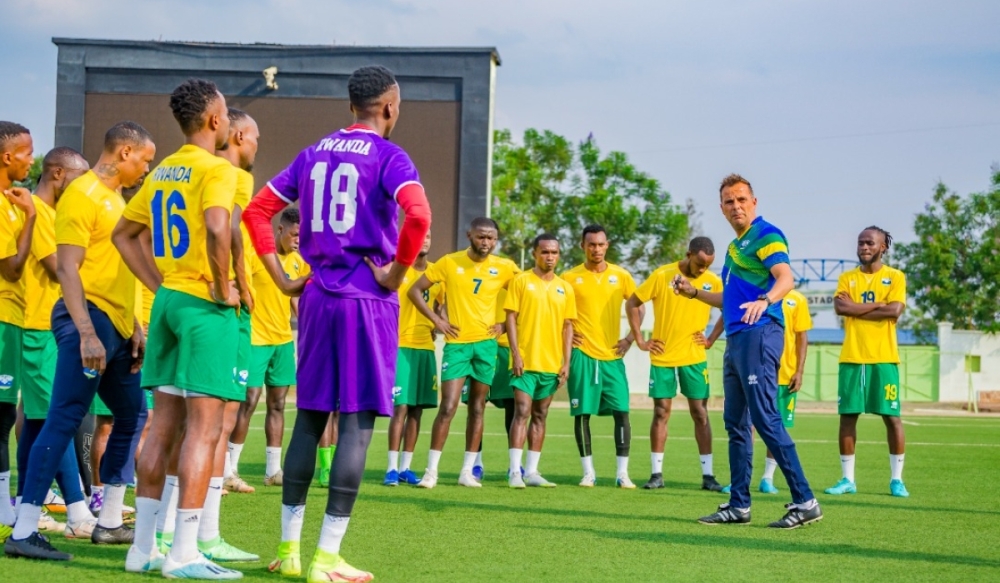Rwanda national team head coach, Carlos Alos Ferrer, talks to his squad during a training session in Kigali. Ferrer maintains that Benin is still a dangerous side despite the Cheetahs lying at the bottom of Group L of the 2023 AFCON qualifiers without a single point.