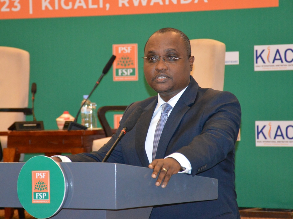 Minister of Trade and Industry, Jean Chrysostome Ngabitsinze addresses delegates at Rwanda-Mozambique Business Forum convened in Kigali on March 22. Courtesy