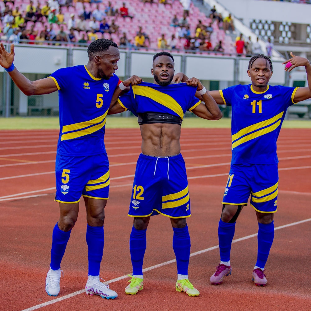 Striker Mugisha(c) flanked by Skipper Meddie Kagere and Kevin Muhire as they celebrate the goal Striker Mugisha(c) flanked by Skipper Meddie Kagere and Kevin Muhire as they celebrate the goal