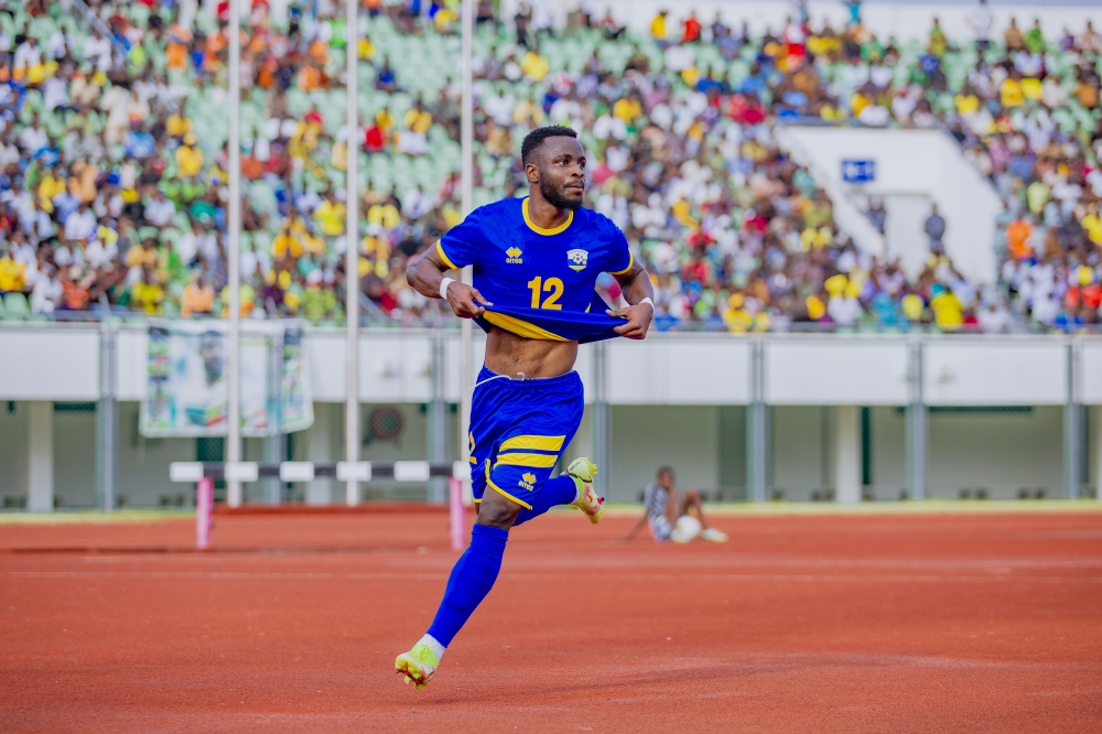 National Football team striker Gilbert Mugisha celebrates his goal during a 1-1 draw against Benin in Cotonou on March 22. Courtesy