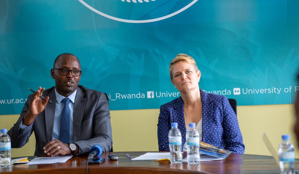 University of Rwanda Vice Chancellor, Dr Didas Muganga Kayihura and Johanna Teague, the Ambassador of Sweden to Rwanda address journalists in Kigali on Tuesday, March 21. Photos by Dan Gatsinzi