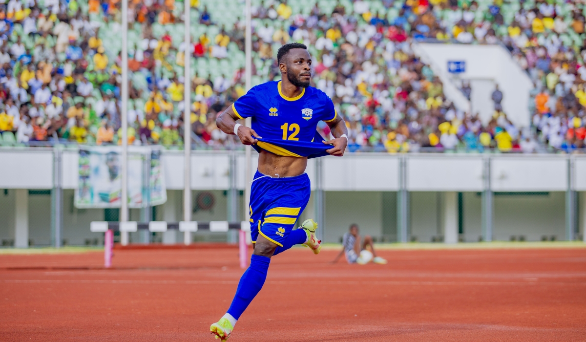 National Football team striker Gilbert Mugisha celebrates his goal during a 1-1 draw against Benin in Cotonou on March 22. Courtesy