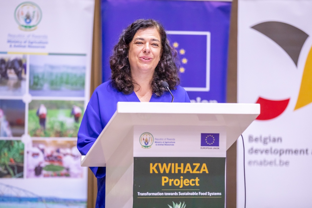 The European Union  Ambassador to Rwanda Belén Calvo Uyarra speaks at the event. The project was funded by the European Union (with €10 million) and Luxembourg (with €5.5 million).