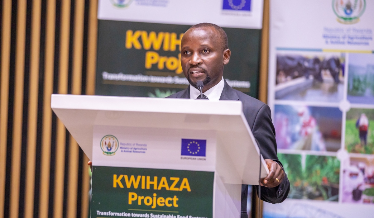 The Minister of Agriculture and Animal Resources, Ildephonse Musafiri delivers remarks during the launch of Kwihaza Project in Kigali on March 22.This 4-year programme (2023-2026) seeks to support the transformation towards sustainable food systems, through developing the value chains in the aquaculture, fishery and horticulture sectors. Photo: Courtesy